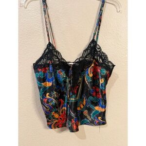 Vintage Victorias Secret Gold Label Paisley Lace Trim Camisole Top Small Black